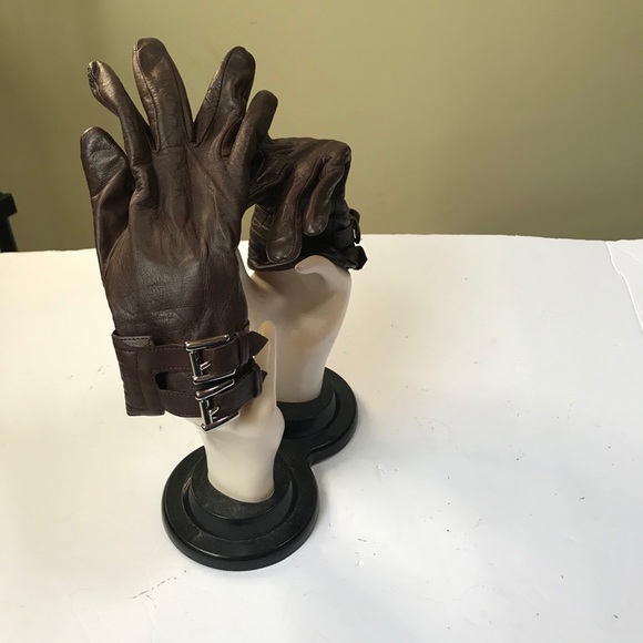 Michael Kors Moto Leather Gloves Buckles Lined Silver Hardware Small Brown Lined - Picture 3 of 11